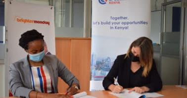 Marketing Manager at BrighterMonday Pancy Maina and French Chamber of Commerce in Kenya Executive Director Laure Paugam sign an MOU
